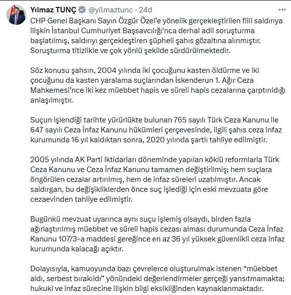 Bakan Tunç'tan Özel'e saldıran kişi için 